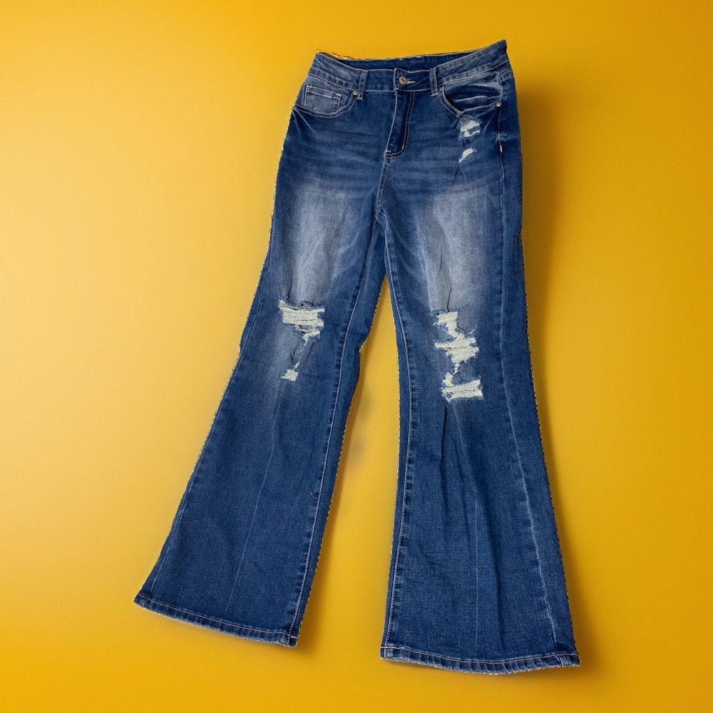 Womens Boho Jeans Flare 10 Distressed Hippie Mom High Rise